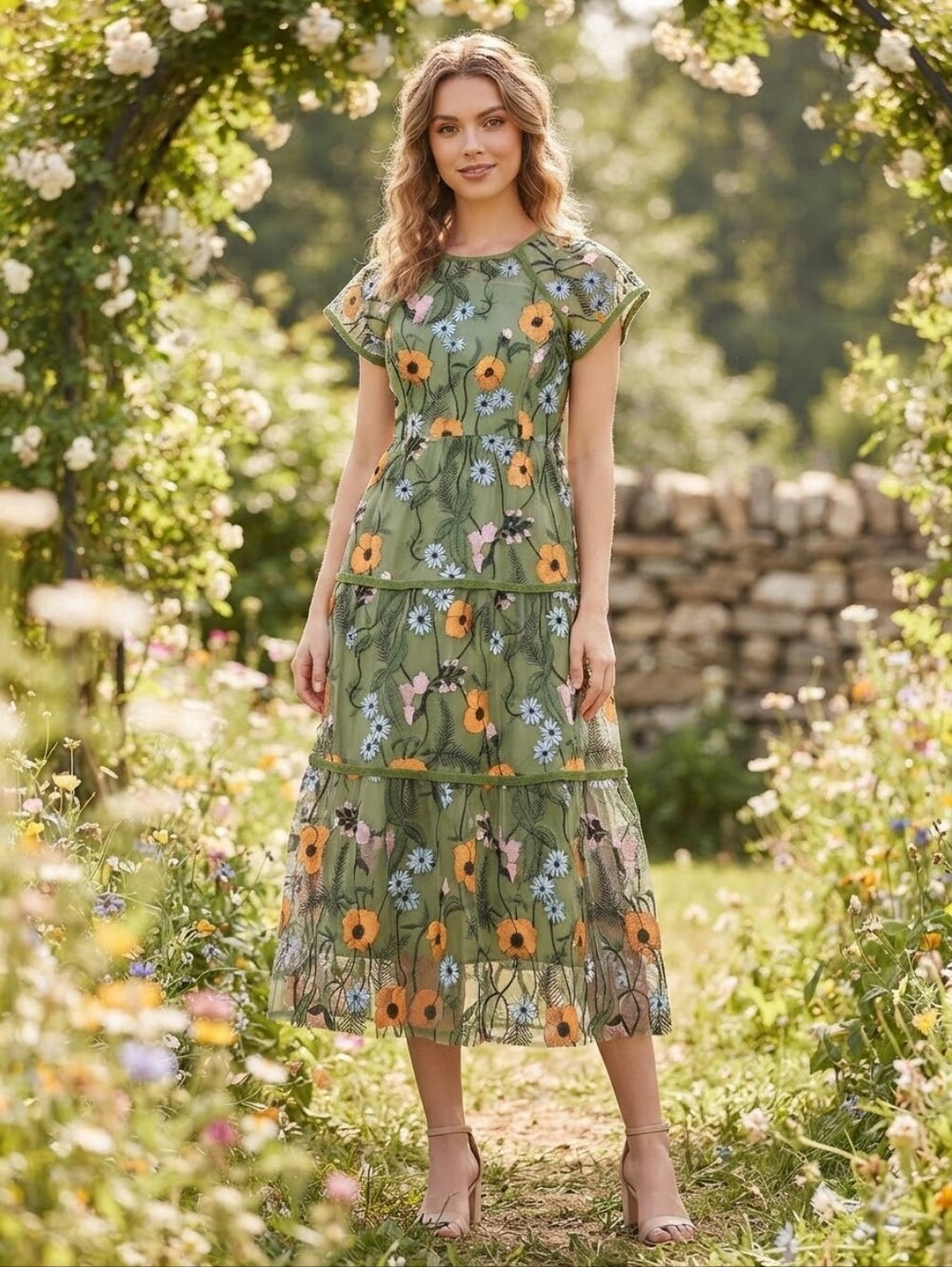 JessaKae Green Floral Embroidered Tiered Mesh Midi Dress Size Small.